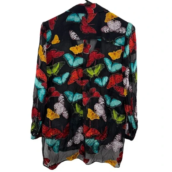 Alice & Olivia Blouse Womens Medium Black Sheila Button Up Butterflies Sheer Top - Picture 11 of 14